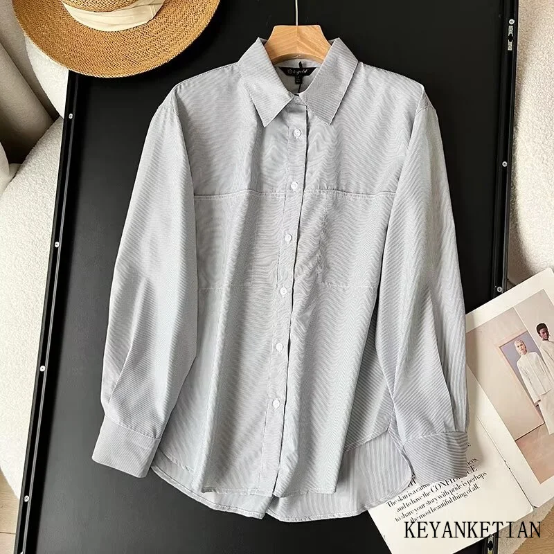 KEYANKETIAN 2024 New Launch Women Pocket Decoration Pinstripe Poplin Shirt Spring Single Breasted Long Sleeve Loose Blouses Top