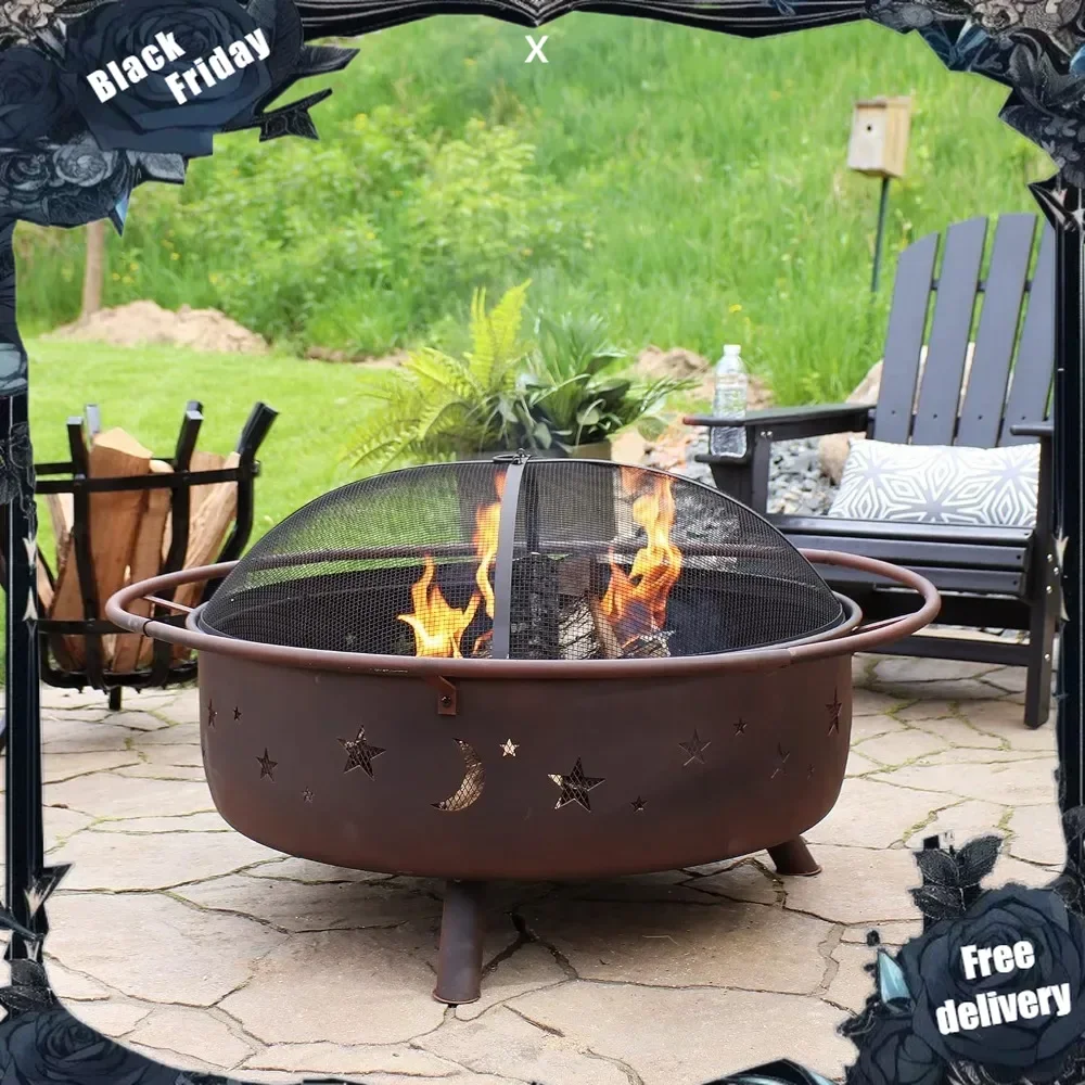 

Cosmic 42-Inch Wood-Burning Steel Fire Pit with Round Spark Screen, Poker, and Built-in Grate - Rust Patina