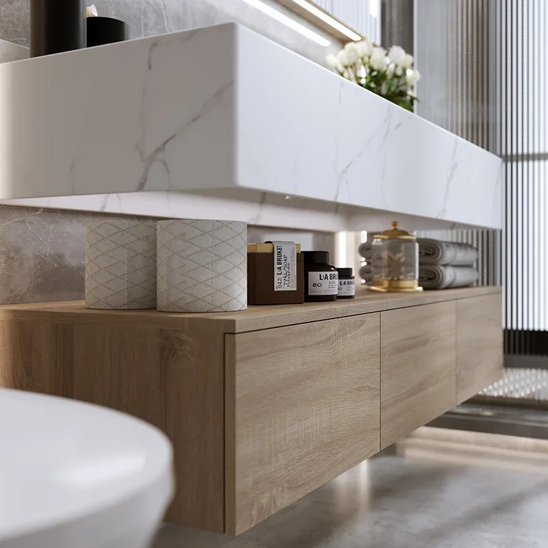 Mueble de baño con encimera de mármol con gran espacio de almacenamiento, mueble con espejo duradero