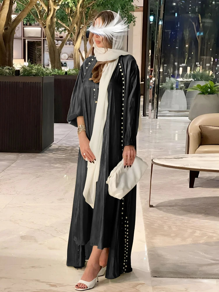 Morocco Kaftan Muslim Dress Women Silk Satin Kimono Abaya 2 Piece Set Beading Abayas Dubai Arabic Cardigan Robe Matching Outfit