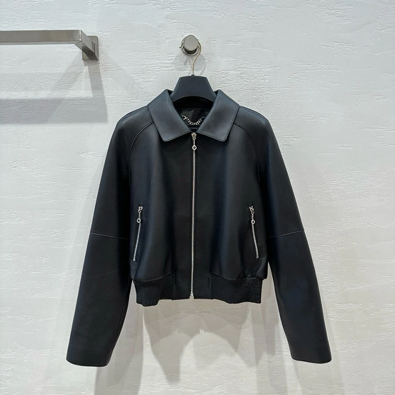 天然レザージャケット春秋の女性のシープスキンライチストリア小さなラペルジッパーショートルーズカジュアルコート Echtes Leder Jacke