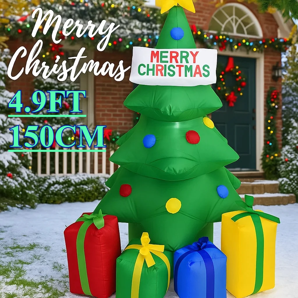 4.9FT Inflatable Christmas Toys Xmas Tree Decoration Colorful Balls Gift Boxes LED Lighted Home Ornament Gifts Xmas Yard Decor