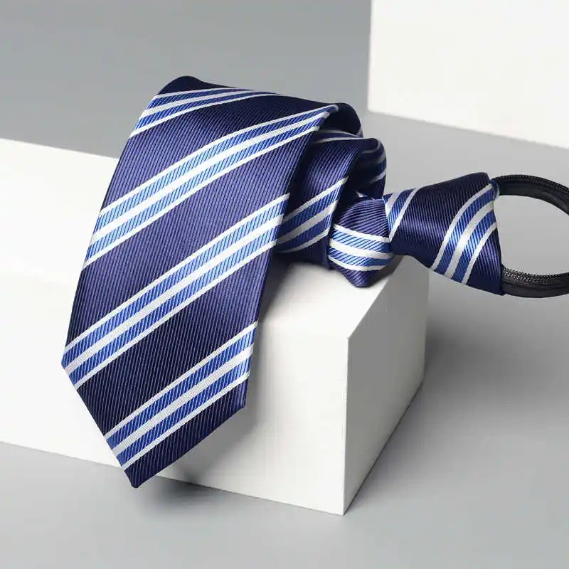 

High Quality Zippered Business Suit With Deep Blue Stripe Tie For Men 7CM College Style Casual Shirt Accessories Zipper Necktie