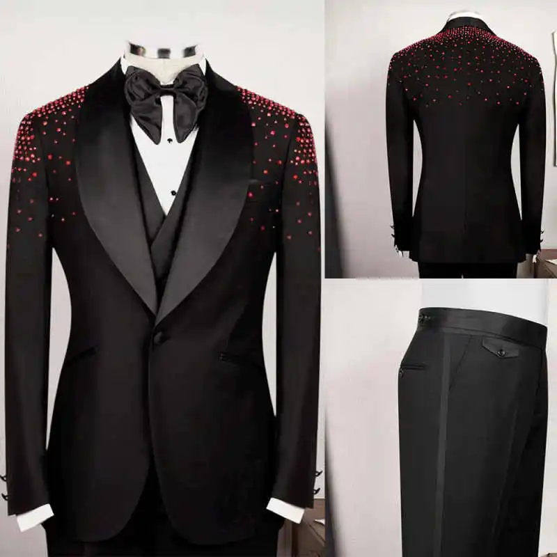 

Amazing Rhinestone Men Suits 2 Pieces Jacket Pants Single Breasted Shawl Lapel Wedding Groom Wear Customized Trajes Para Hombre