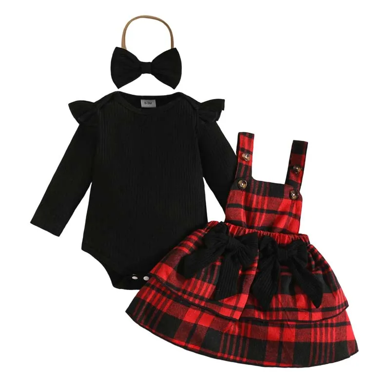 

Baby Clothes Newborn 3Pcs Set Autumn Black Long Sleeve Pit Stripe Bodysuit Red Plaid Back Dresses Baby Girls Outfits 0-18 Months