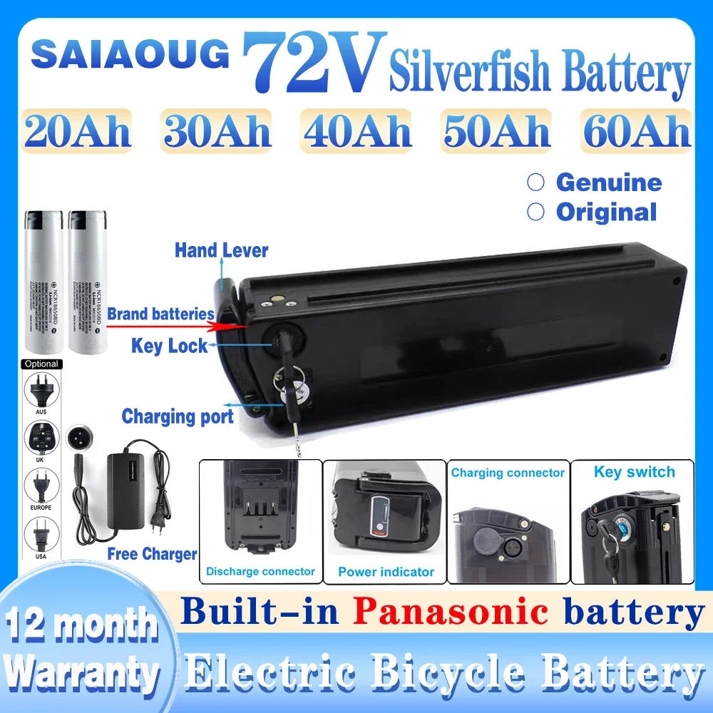 

72V 50Ah 60Ah Battery for Silverfish Electric Bike 20Ah 30Ah 40Ah 300-2000W Lithium ion E-bike Bicycle Battery Pack with Charger