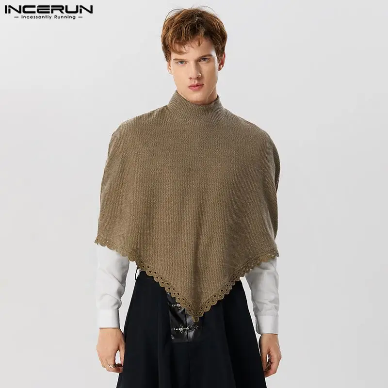 INCERUN Tops 2024 American Style New Mens Loose Fitting Solid Knitted Lace Trench Casual Fashion Male High Neck Shawl Cape S-5XL