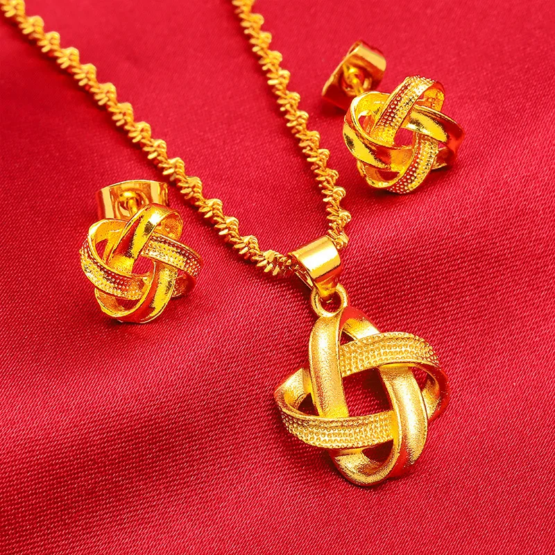

24K Gold AU999 Twist Earring-Necklace Set - Women's, 3D Double-Twist + Polished Gold, Matching Design, Luxury Flattering