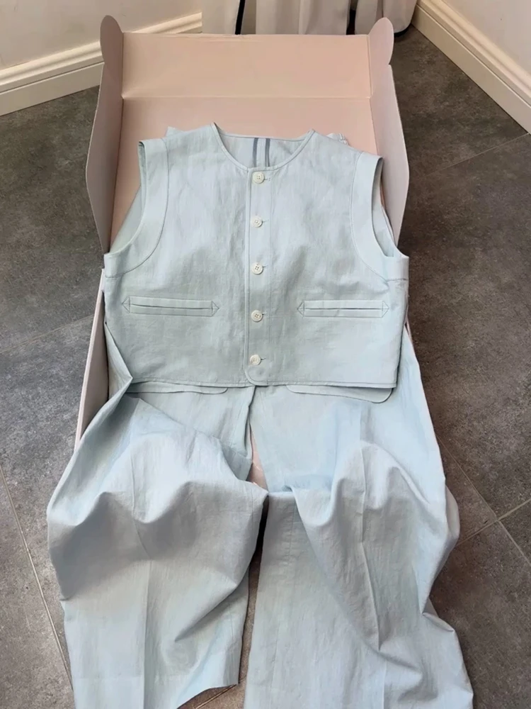 

Summer Fashion High Waist A-Line Skirt Set Blue Cotton Linen Vest And Pants Set Street Style Elegant And Cool Small Fragrance...