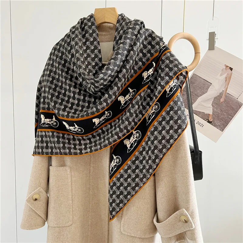 Echarpe-en-laine-de-soie-pour-femmes-carruage-arc-de-triomphe-legere-de-luxe-grande-echarpe-carree-chaude-et-polyvalente