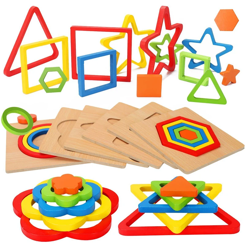 Wooden Geometric Shapes Montessori Puzzle Toys Sorting Math Bricks Preschool Early Learning Educational Toys for Children