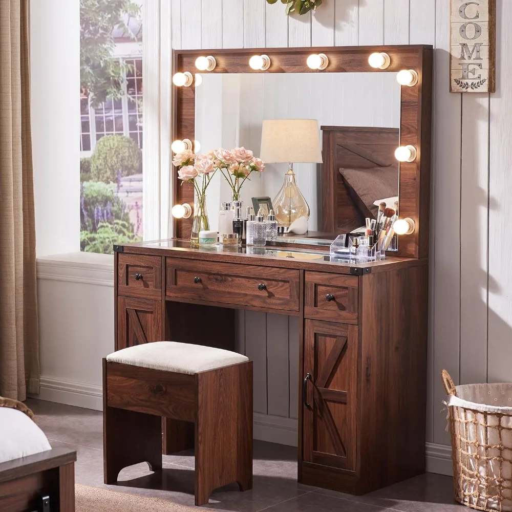 

Drawer Table with Lighting Mirror and Lights, Dressing Table Set with 3 Drawers & 2 Cabinets, Stool Included 43" Makeup Vanity