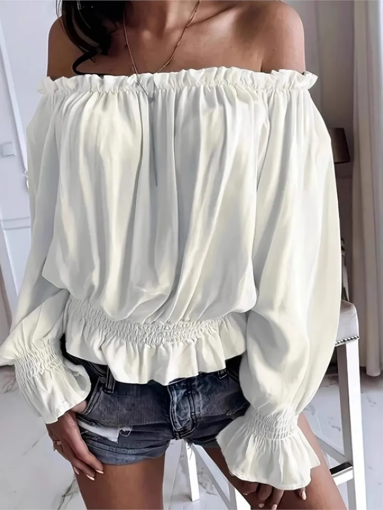 

Новые белые блузки с разрезом на шее, женские повседневные весенне-осенние модные свободные офисные милые женские топы и блузки с оборками и длинными рукавами
