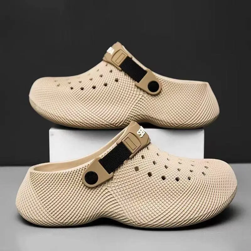 Men Summer Clogs 3D Mesh Texture Perforated Design Slip On Sandals Adjustable Heel Strap Breathable Shoes (Order One Size Up)