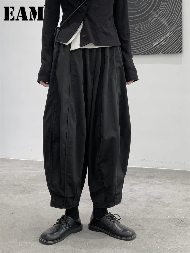 

[EAM] Черные короткие длинные широкие брюки с высокой эластичной резинкой на талии, новые свободные брюки, женские модные брюки, весна-осень 2024 1DF1078