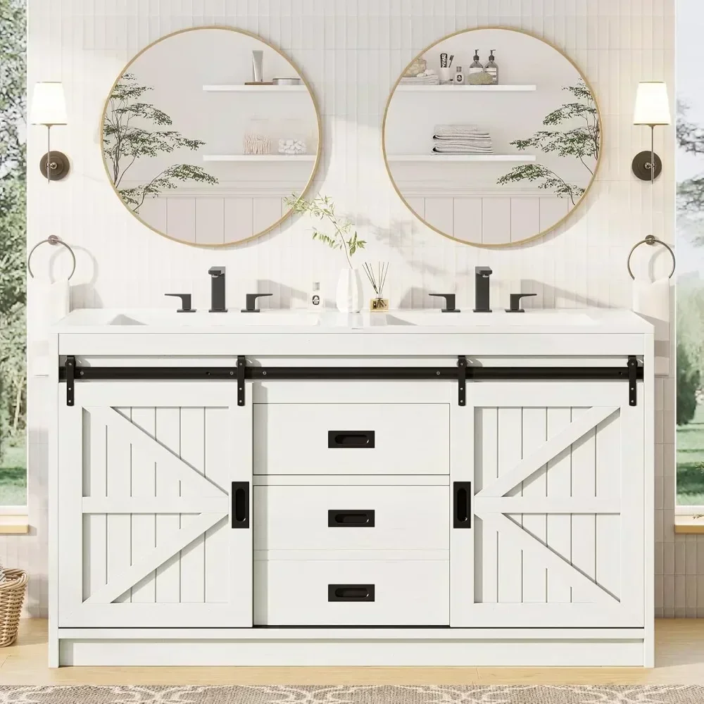 

Double Farmhouse Bathroom Vanity With Sink, 60in Sliding Barn Door Bathroom Storage Cabinet, Large Double Bath Vanity Sink Combo