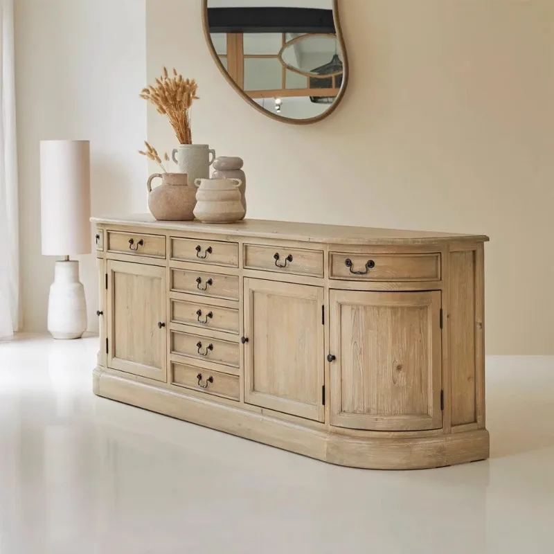 Ash wood curved side cabinet dining room solid wood locker country furniture retro cabinet