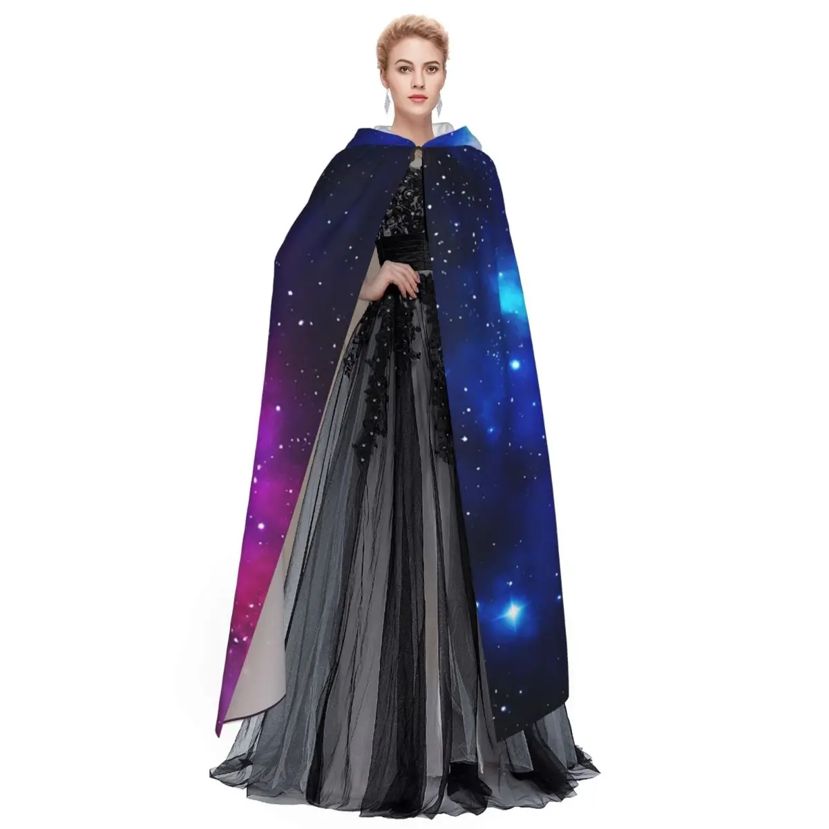 Constellation Star Clusters Galaxies Print Halloween Long Hooded Cloak Witch Medieval Costume Cosplay Cape HalloweenVampire