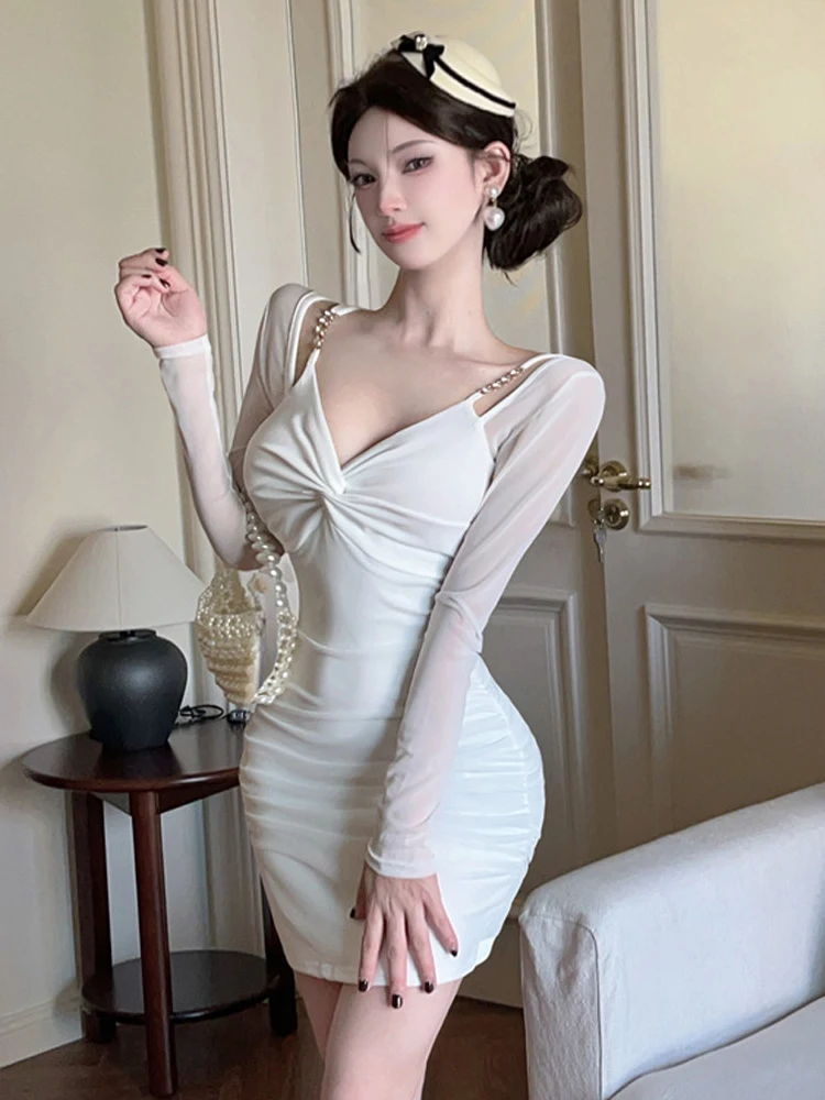 Ropa de mujer de malla transparente Sexy con tirantes y cuello en V pliegues ajustado Mini Vestido corto elegante señora Fiesta Club Vestidos de graduación moda Y2K nuevo