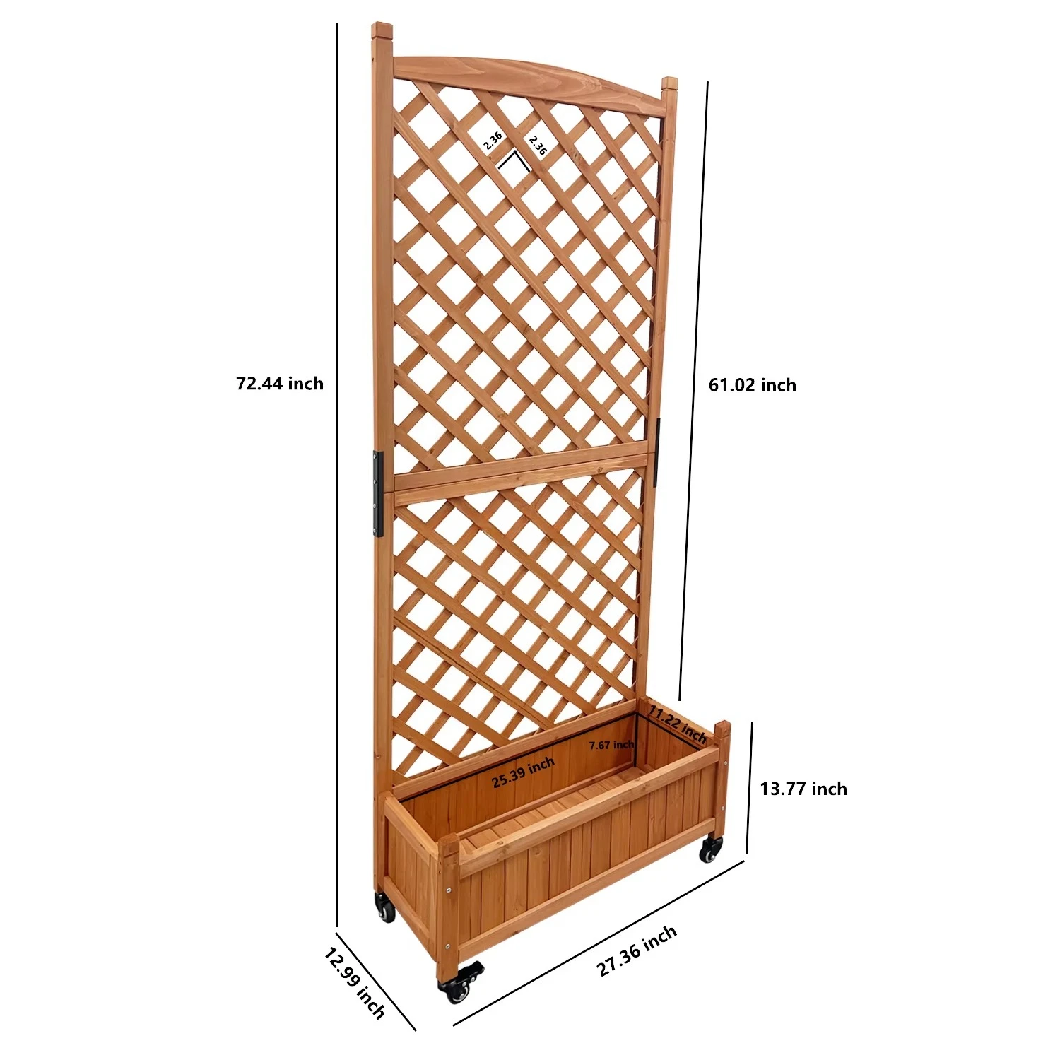 

100% твердая древесина, уличный деревянный вертикальный садовый ящик для горшков с решетчатыми колесами