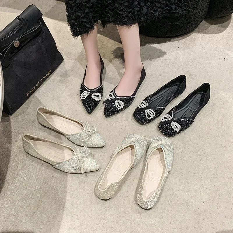 2024 Women's Flat Sandals New Shoes Pointed Bow Pearl Single-layer Shoes  Chanel Style Flat Shoes Fairy