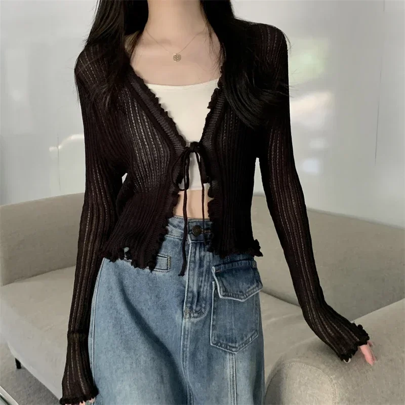 

Black Tie Thin Knitted Cropped Cardigan Women Summer Korean Casual Lace Long Sleeve Short Outerwear 7 Colours