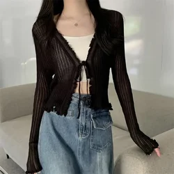 Black Tie Thin Knitted Cropped Cardigan Women Summer Korean Casual Lace Long Sleeve Short Outerwear 7 Colours