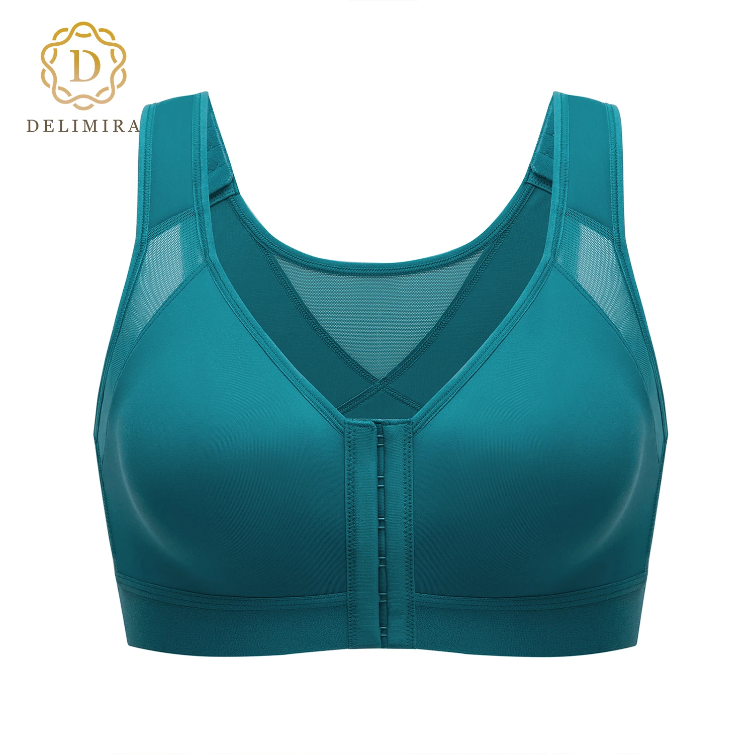 DELIMIRA Women\'s Posture Front Closure Bra Full Coverage X Back Non Padded Wireless Plus Size D DD E F G