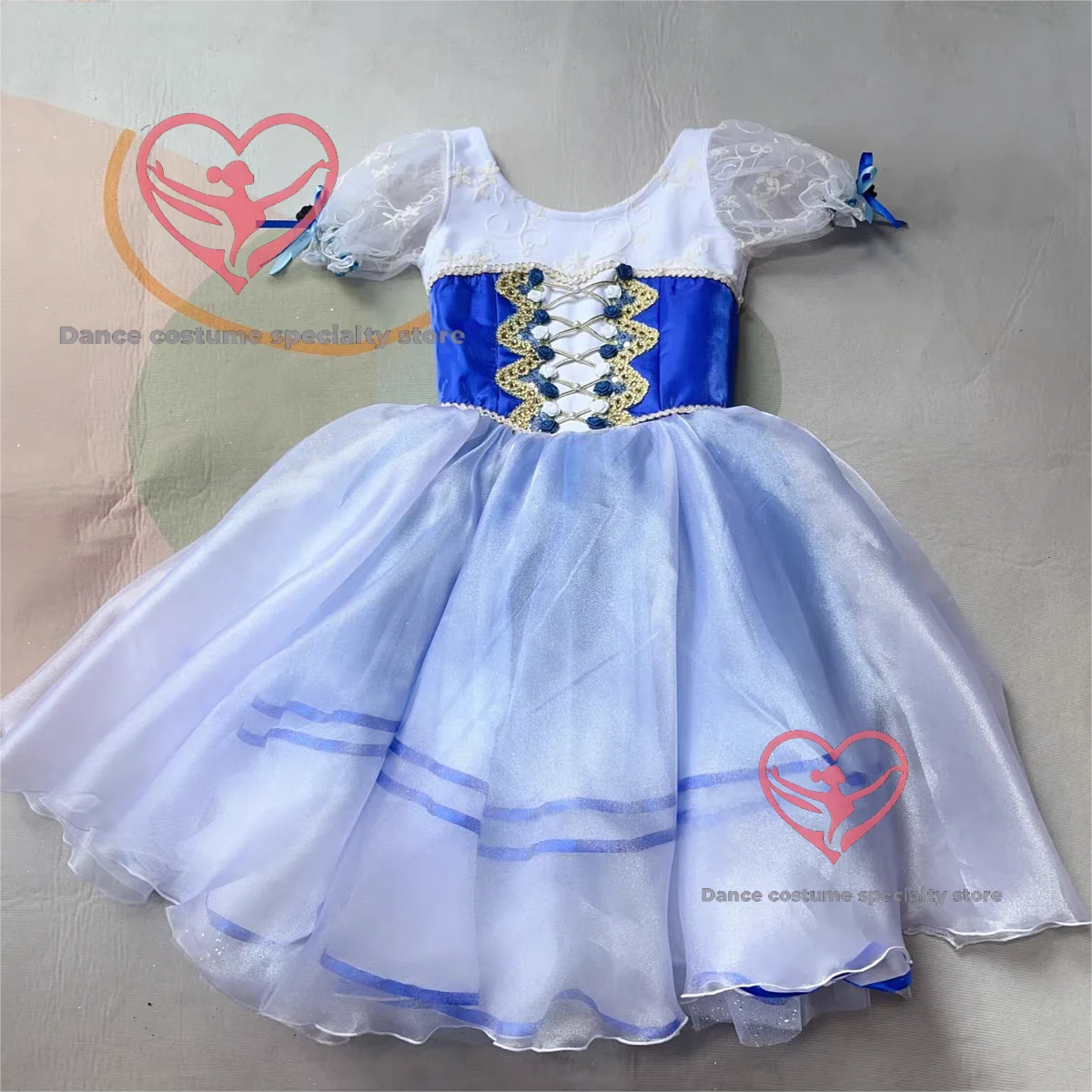 

Сине-белое сетчатое балетное платье в европейском стиле ретро с корсетом на шнуровке и пышными рукавами, детский классический танцевальный наряд
