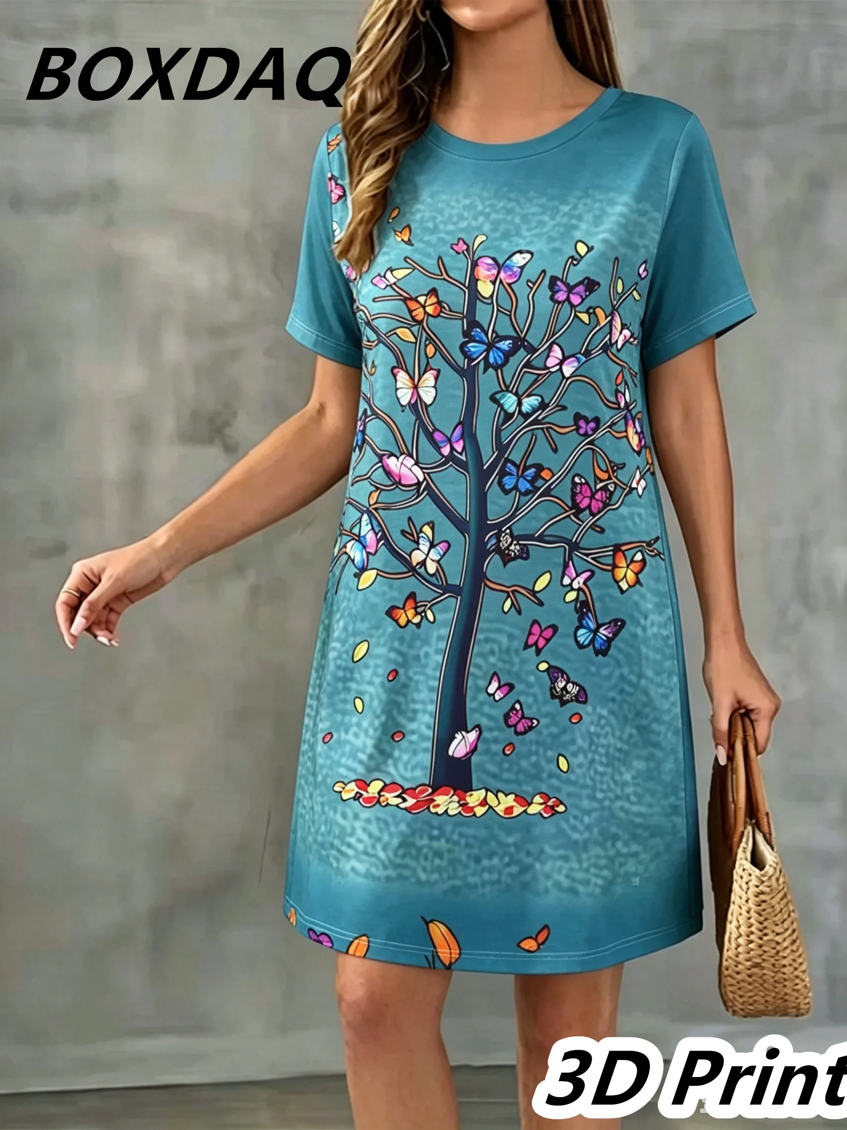 Casual Abstract 3D Print Round Neck Short Sleeve Women Dress Spring Summer 2026 Fashion Loose Plus Size A-Line Dress 3XL