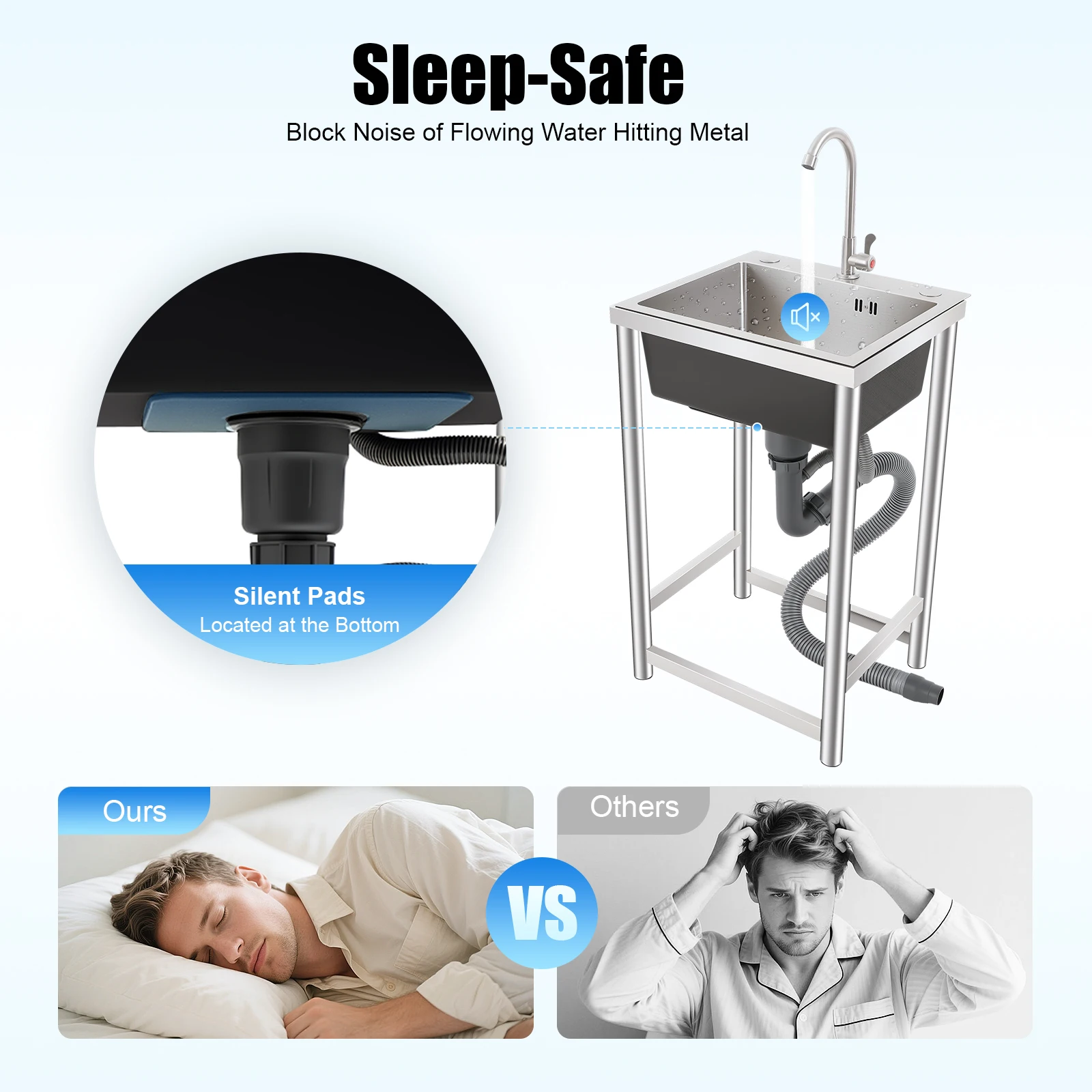 حوض مطبخ ستانلس ستيل وعاء واحد 18 بوصة مع صنبور، حوض صامت مصقول 304 للمطبخ، سهل التركيب