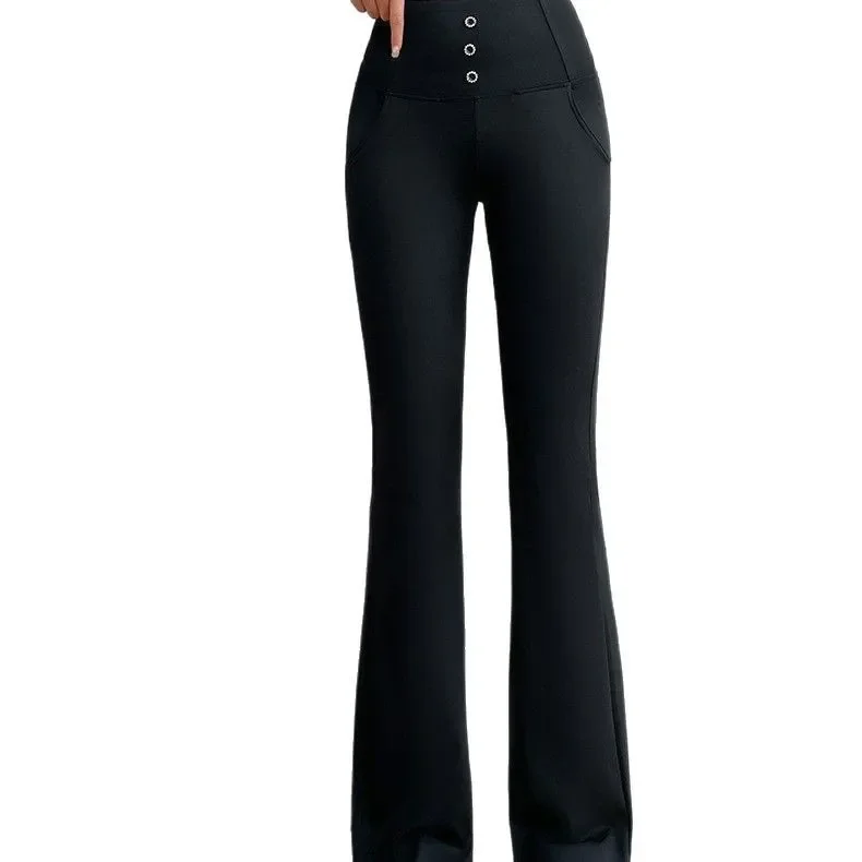 ارتفاع الخصر جرس أسفل السراويل النسائية سليم صالح عارضة السراويل أربعة مواسم نمط مطاطا حزام المألوف الربيع الصيف #5