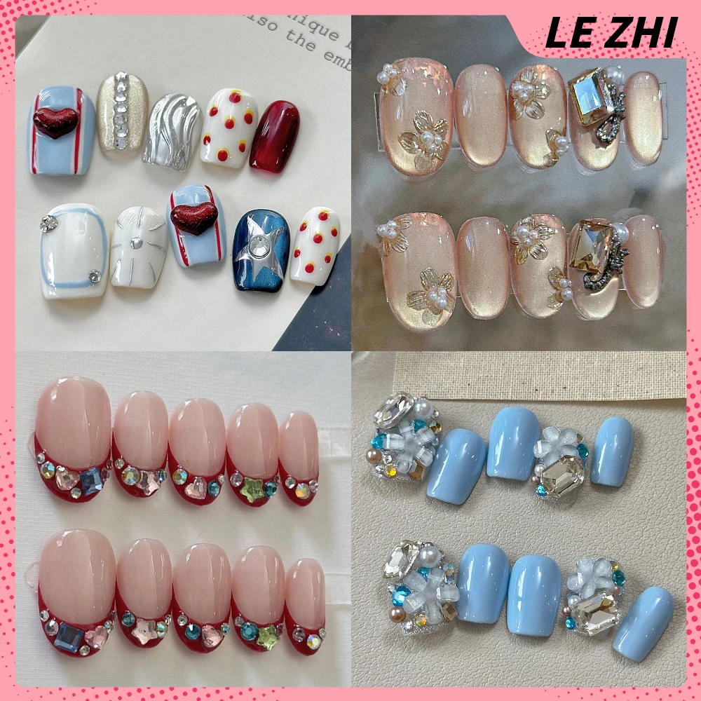 

Sweet Lovely Short Square Handmade Wearable Press On Nails Tips Art 3D Flowers Diamond Bowknot Pearl French False Nail Gift