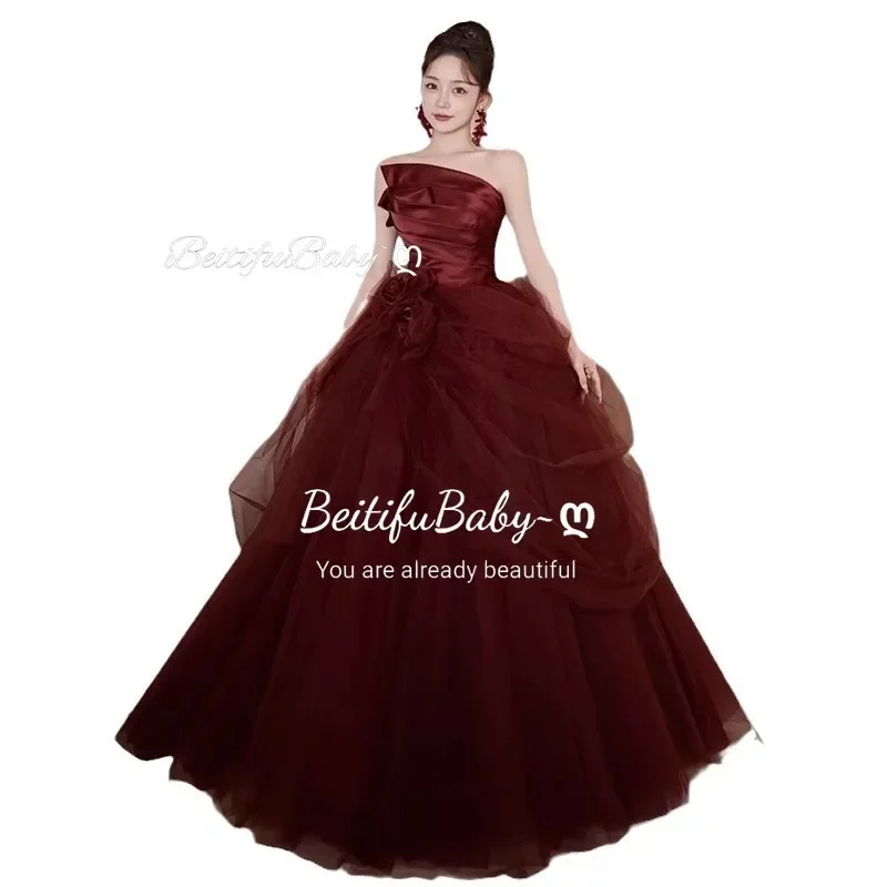 BeitifuBaby Abito da sera in raso stile palazzo per donna Abito da ballo a trapezio senza spalline in organza Abiti da festa in pizzo Abiti da festa