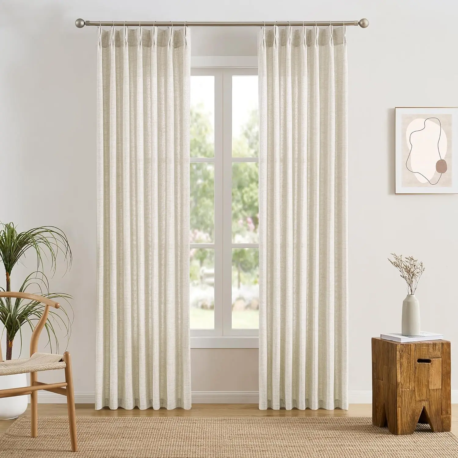 Long Pinch Pleated Sheer Curtains 108 Inches, Light Blocking Back Tab for Sliding Glass Door Neutral Earth Tone