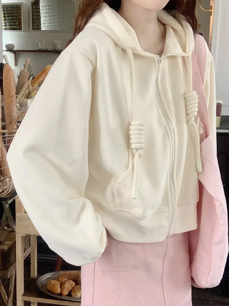 甘いプレッピースタイルブルーパーカー女性カジュアルかわいい長袖ショートスウェットシャツヴィンテージポケットレースアップ韓国アウタートップス新しい