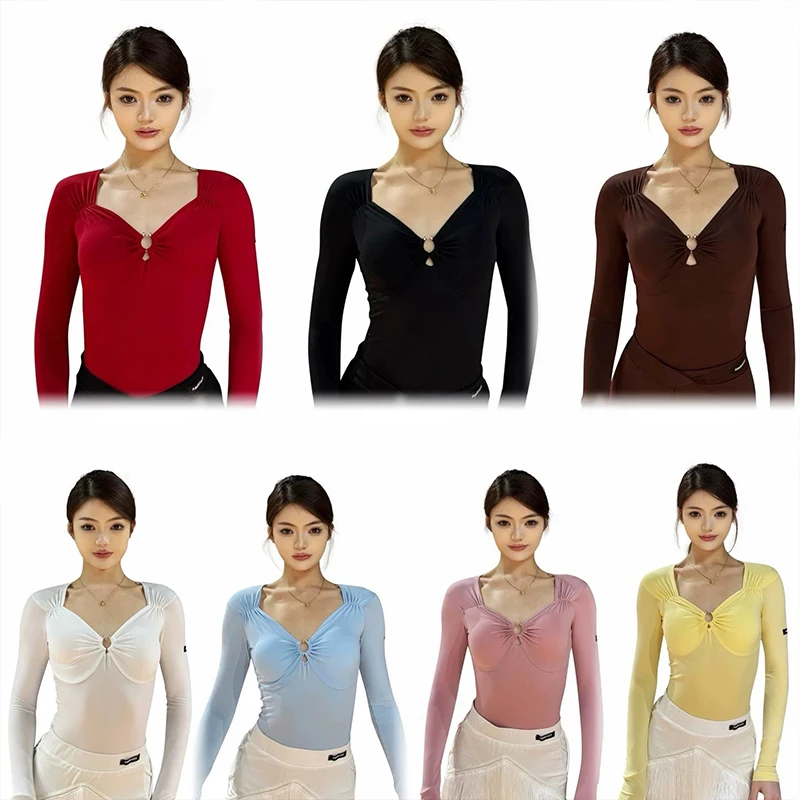 라틴 댄스 탑 여성 스퀘어 칼라 반팔 바디 슈트 댄스 트레이닝 탑 성인 슬리밍 댄스 연습 옷 VBH1428
