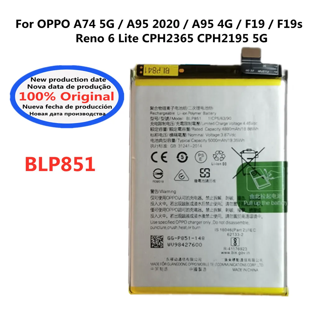 

100% Original BLP851 For OPPO A74 5G / A95 2020 / A95 4G / F19 / F19s / Reno 6 Lite CPH2365 CPH2195 5G Smart Phone 5000mAh