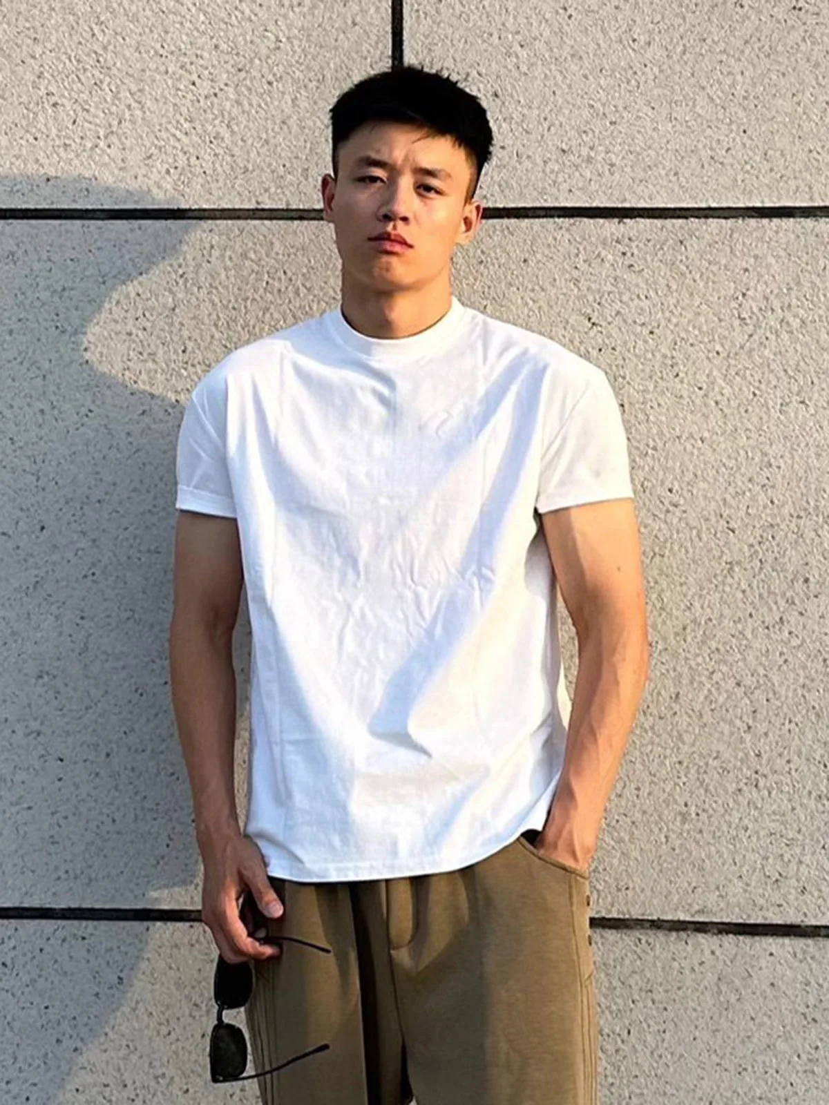 White Heavyweight Short Sleeve T-Shirt American Style Fitness Men's Casual Top Five Points round Neck Youth Summer Fashion
