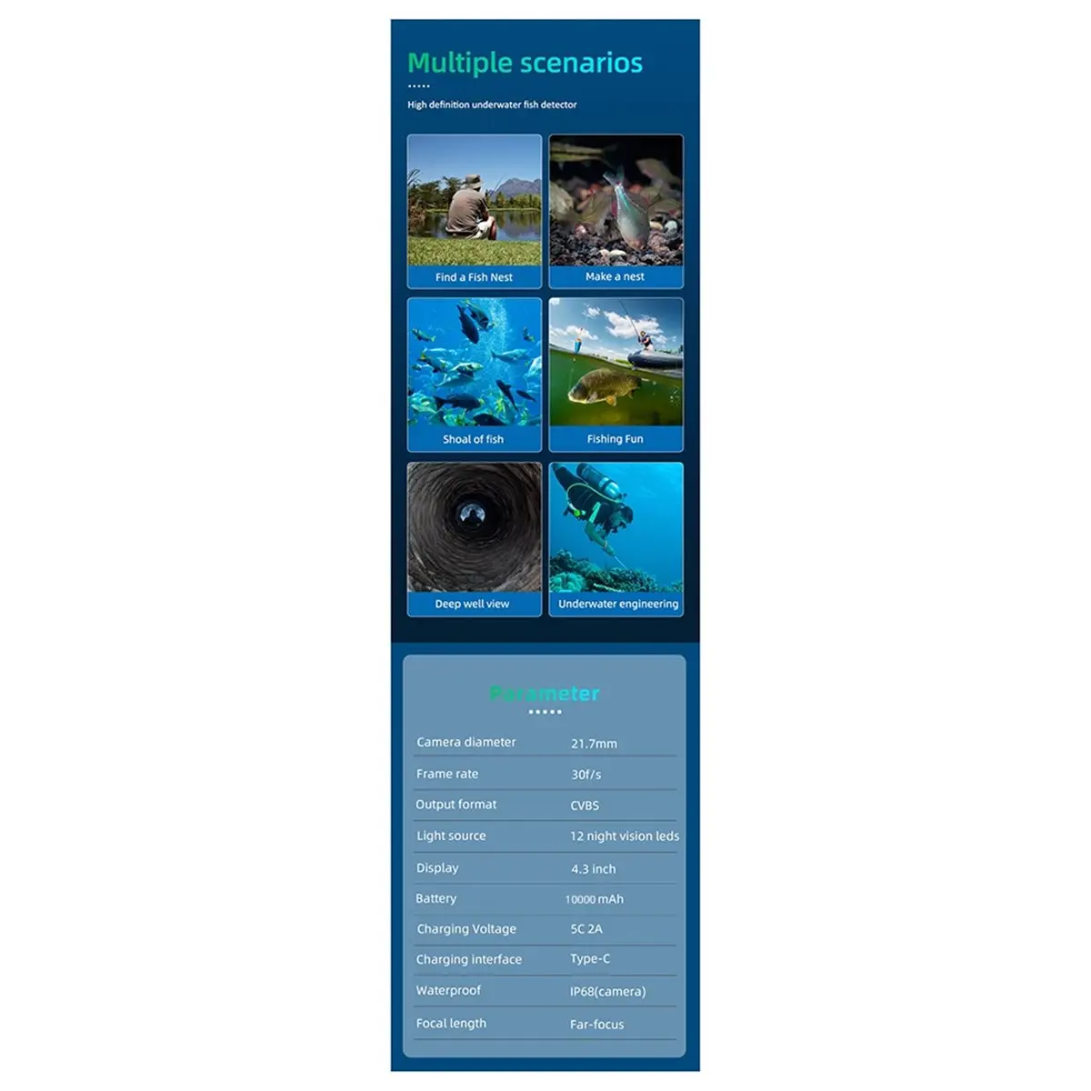 new(A67I) Outdoor Underwater Fish Detector Display with Visible Underwater Fishing Device 4.3-Inch Screen, Cable Length 20m