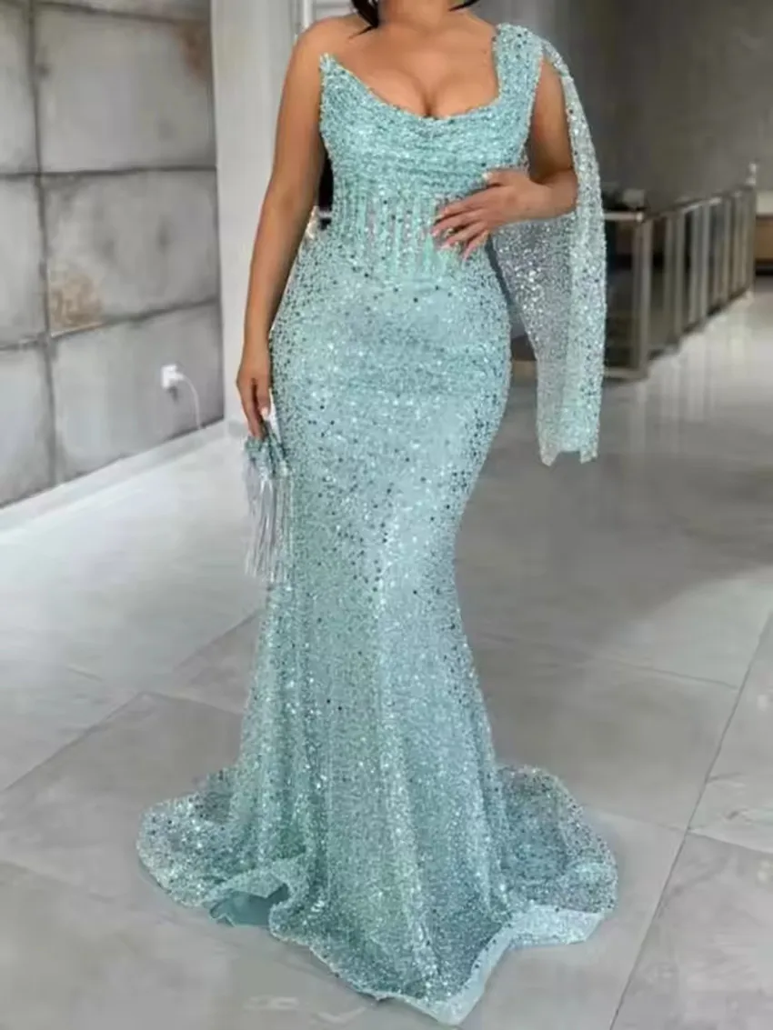 Customized One Shoulder Mermaid Prom Dress Sleeveless Beading Sequined Pageant Party Dresses Luxury Women's Evening Gowns