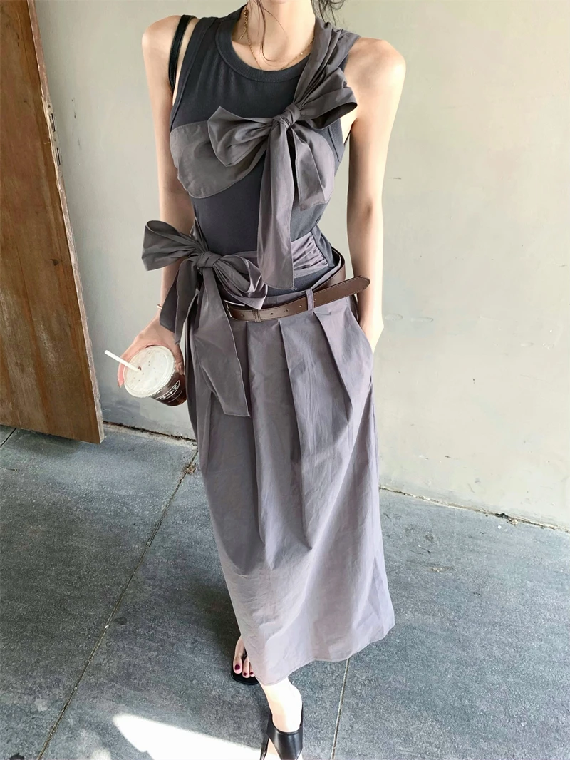 

Bow Tie Sleeveless Vest Dress for Womensummer Slim Waist Cinching Dress Stylish Elegant A-line Long Dresses