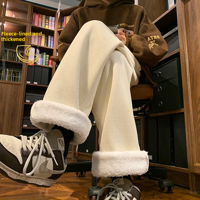 

Мужские зимние утепленные брюки из вельвета Lamb Velvet, свободные прямые повседневные брюки в стиле ретро, американский молодежный стиль, полиэстер