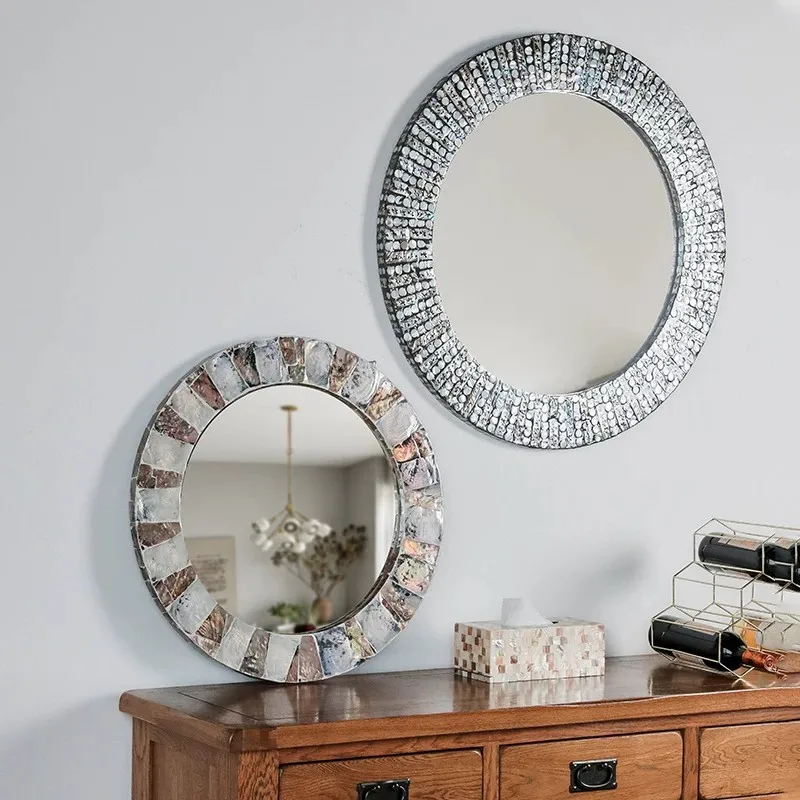 Light Luxury INS Iridescent Shell Round Wall Mirror, Decor Vanity Mirror for Bathroom Washstand