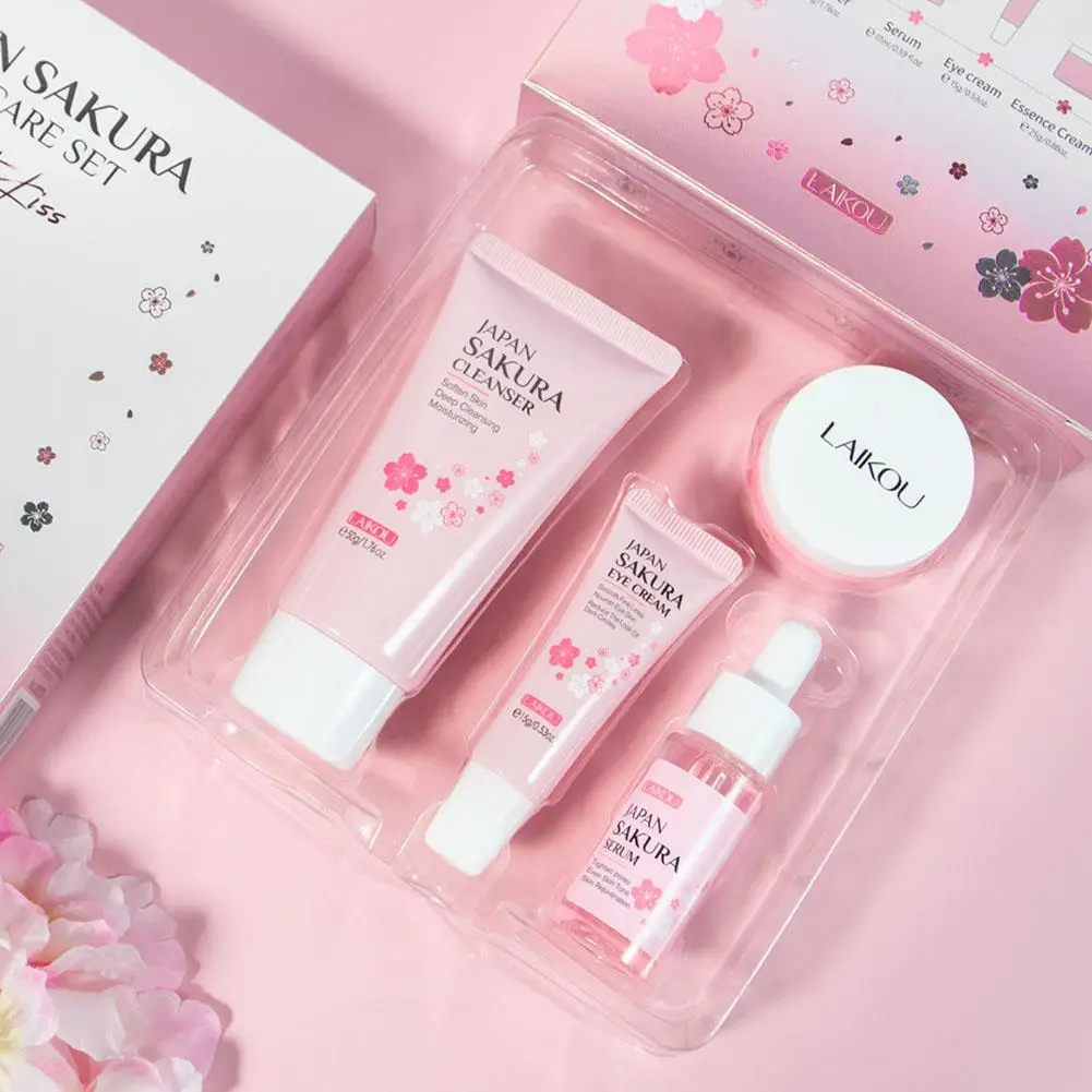 Japan Blossom-Ensemble de soins du visage, essence nettoyante, crème pour les yeux, crème pour le visage, coffret de soins de la peau, coffret cadeau, jour du Léon, 4 pièces