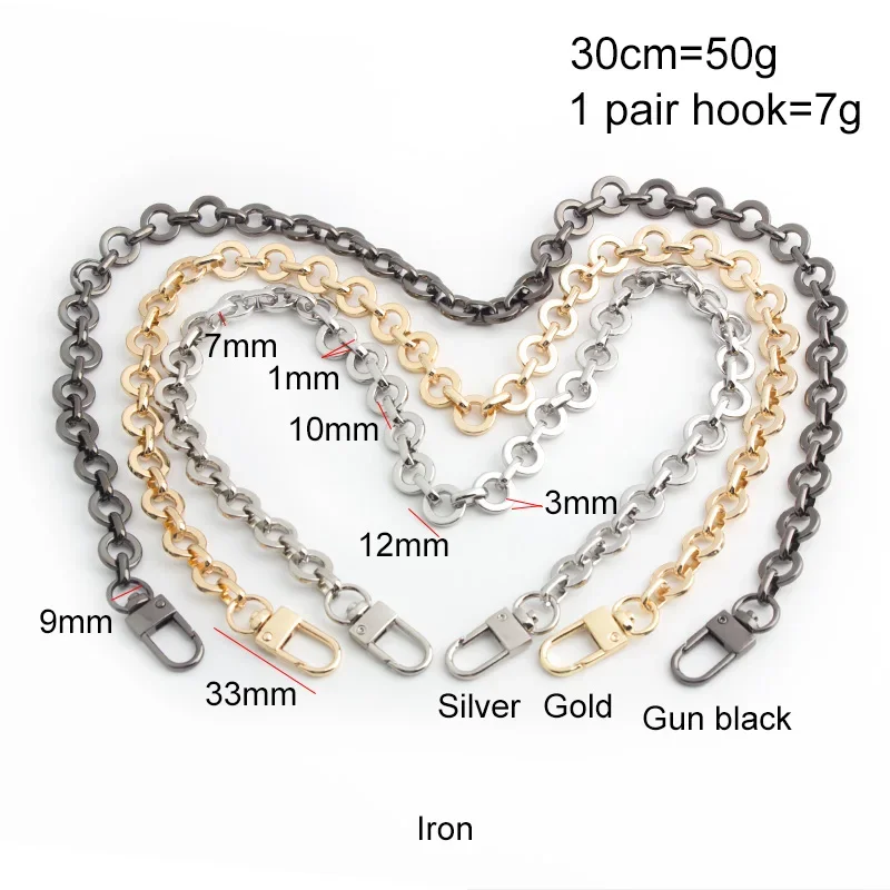 1-5 pieces 3mm thick Iron 3 colors purse chain Strap Gold For Bags With Thick Shoulder Bag accessories with 1 pair hook