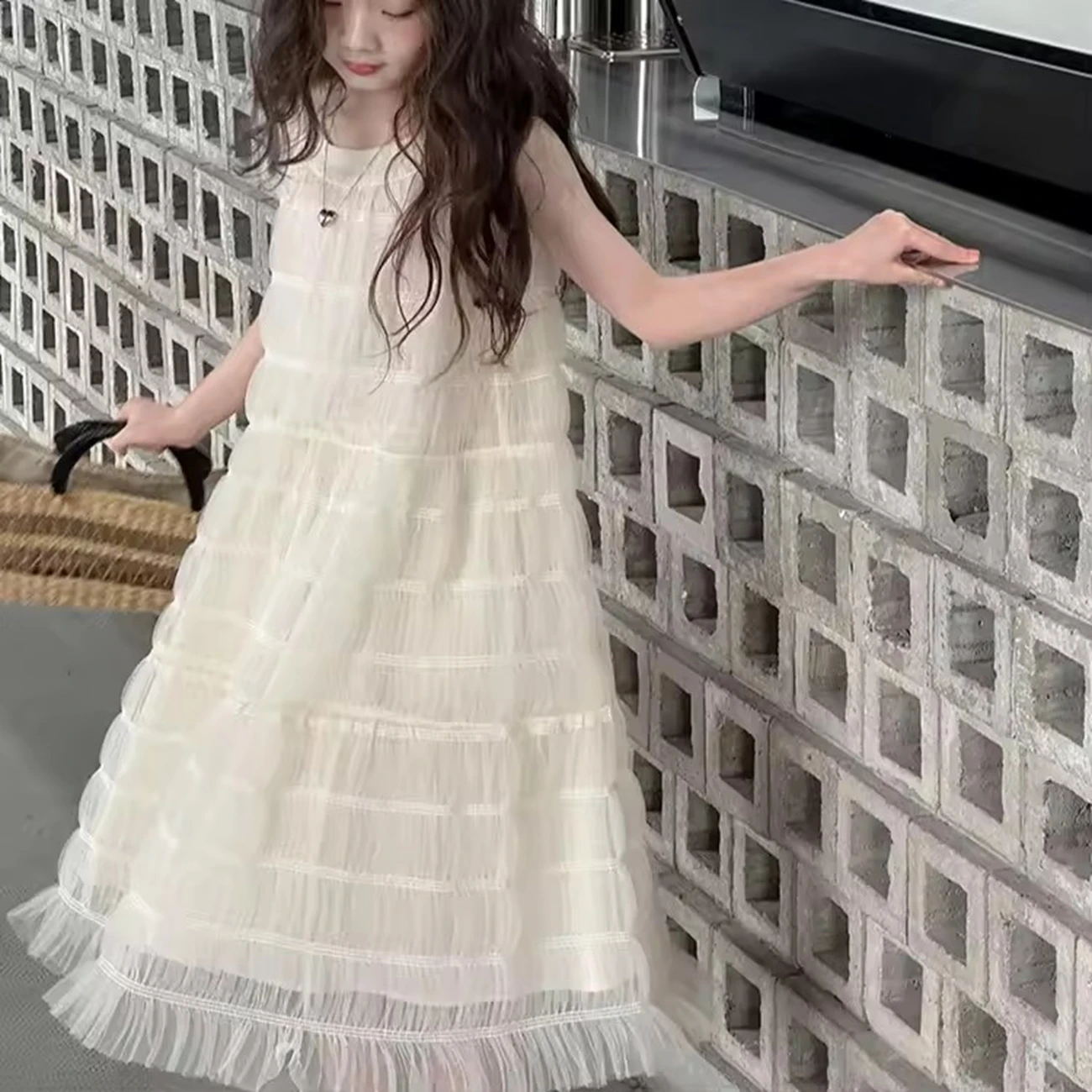 

Girls' Sleeveless Vest Dress Summer 2025 New Style Children's Fashionable Mesh Solid Color Princess Long Dress