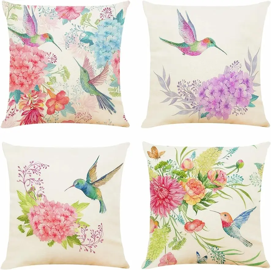 Throw pillowcase watercolor hummingbird with flower decoration cushion cover 45X45cm square pillowcase farmhouse home decoration