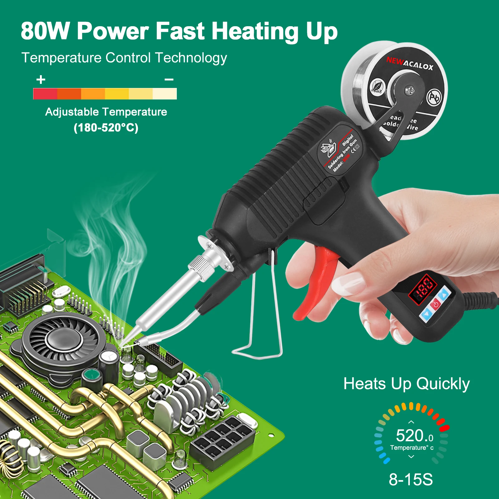 Toolour 80W Digital Auto Feed Soldering Gun with Adjustable Temp 180-520°C Fast Heating Soldering Kit for PCB/SMD Welding Repair