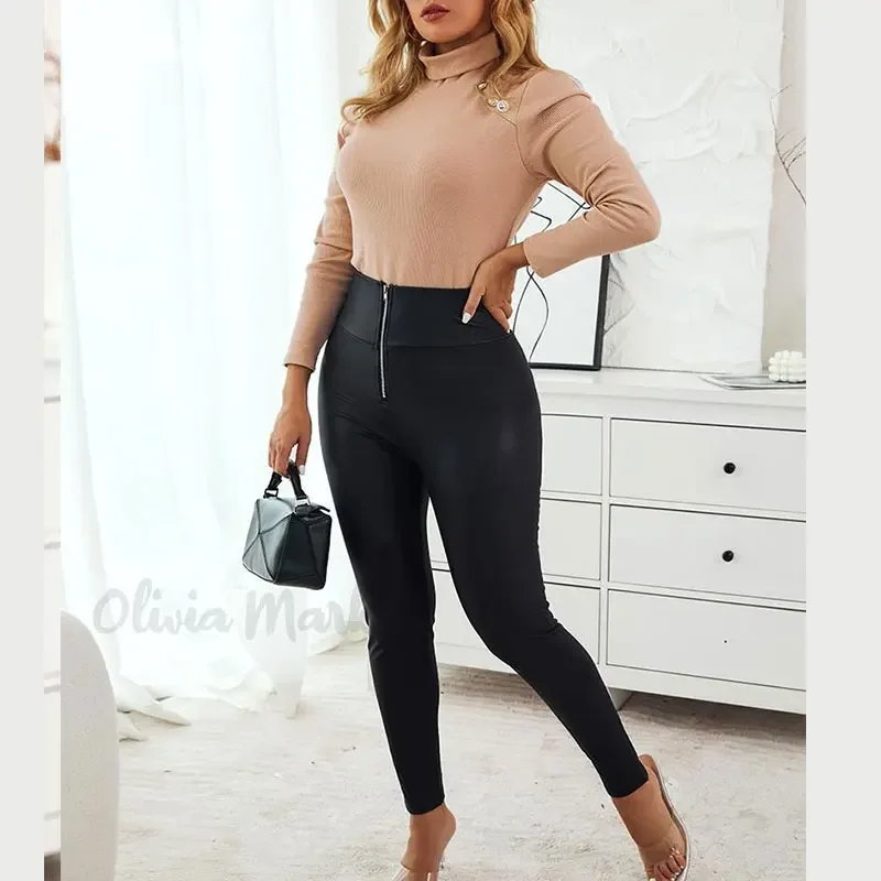 

PU High Waist Pencil Pants for Women, Sexy Fashion, Front, Middle Zipper, Stretch, Long, Solid, Slim, Club, Party, Tight, 2023